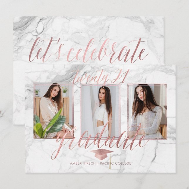 Convites PixDezines Mármore Falso Rosa Dourado Graduação (Frente/Verso)