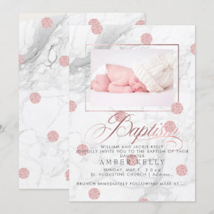 Convites PixDezines Mármore+Ponto Rosa Dourado Falso/Batism