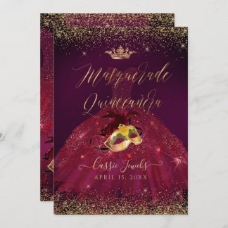 Convites PixDezines Mascarada Quinceanera Burgundy Dourado