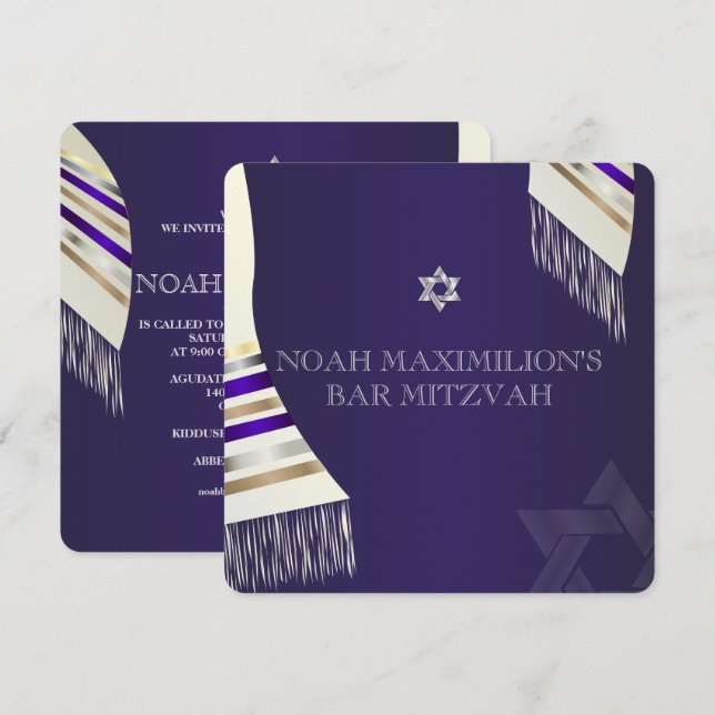 Convites PixDezines mitzvah/tallit roxo/fundo DIY (Frente/Verso)