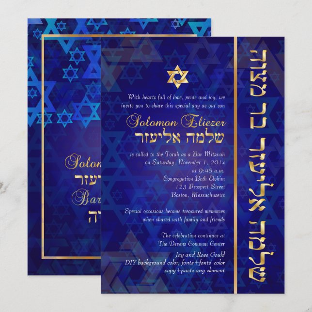 Convites PixDezines Mod/Bar Mitzvah/Marinho Azul/Dourado (Frente/Verso)