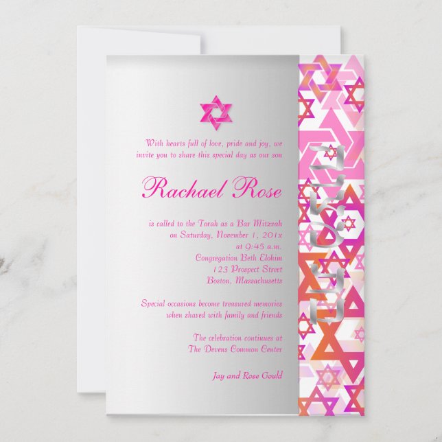 Convites PixDezines mod estrelas/Bar Mitzvah/rosa quente/pr (Frente)
