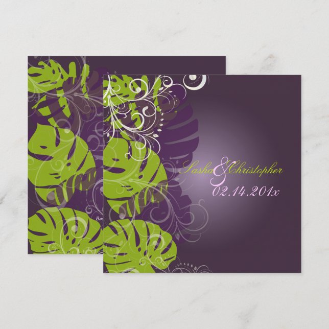Convites PixDezines MONSTERA+SWIRLS PURPLE+VERDE (Frente/Verso)
