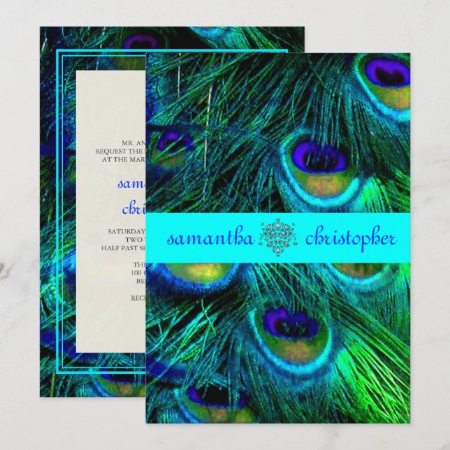Convites PixDezines PEACOCK PENTHTHER/AQUA/TURQUOISE CONVID (Frente/Verso)