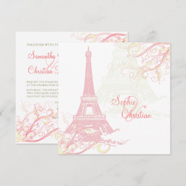Convites PixDezines PINK LA TOUR EIFFEL+SWIRLS (Frente/Verso)