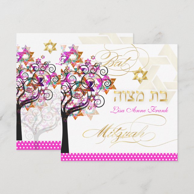 Convites PixDezines PINK TREE OF LIFE BAT MITZVAH CONVIDA (Frente/Verso)