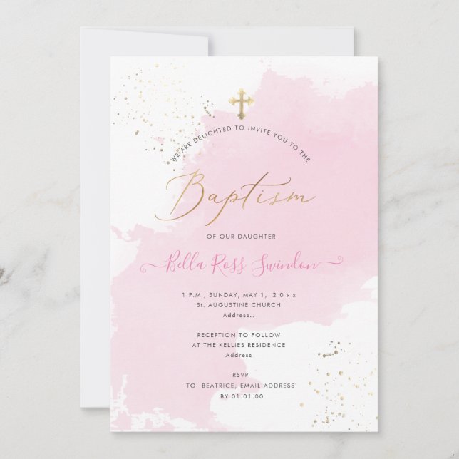 Convites PixDezines Pink Watercolor Baptism Lavado (Frente)