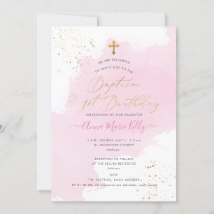Convites PixDezines Pink Watercolor Baptism+primeiro aniver