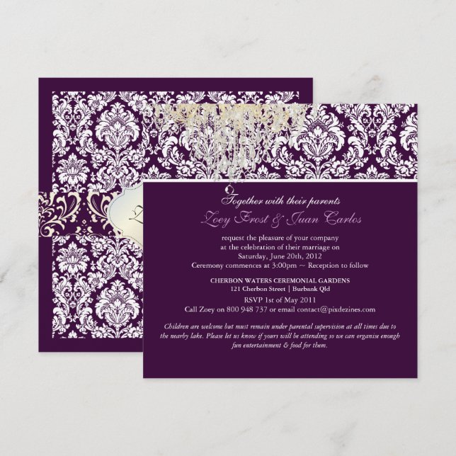 Convites PixDezines Plum Moiré Damask/Crystal Lustre (Frente/Verso)