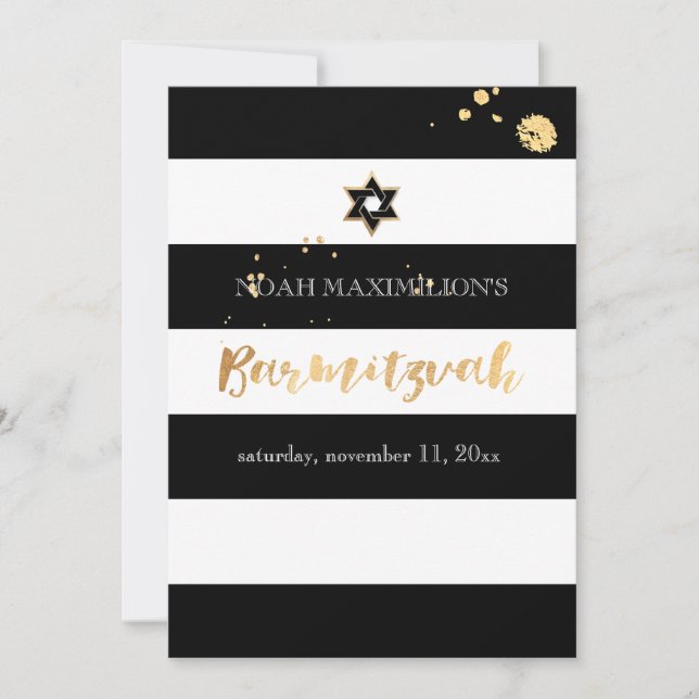 Convites PixDezines preto/branco/bar de listras mitzvah (Frente)