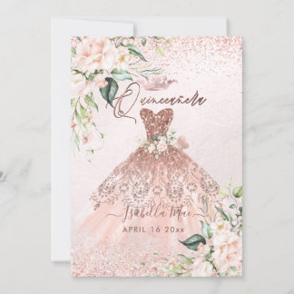 Convites PixDezines Quinceanera Blush Rosa- Rosa Gown Doura