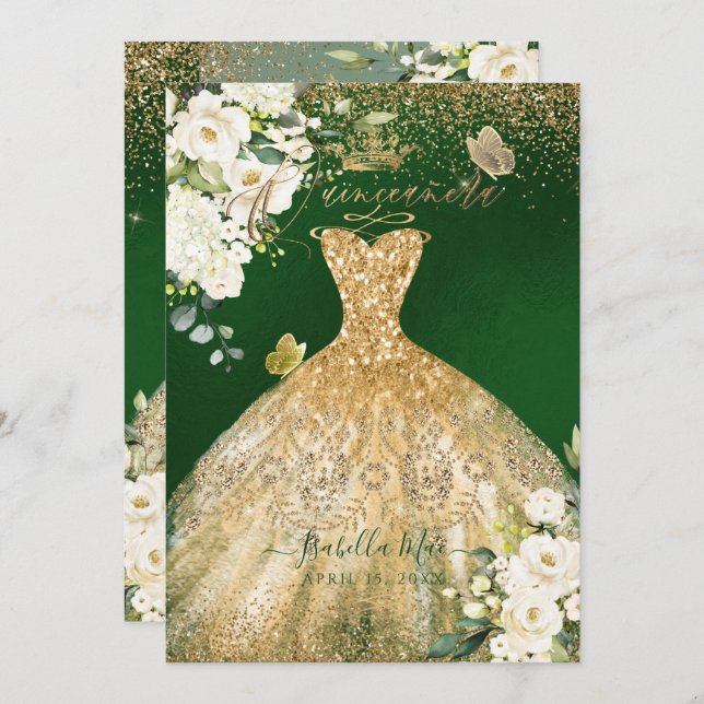 Convites PixDezines Quinceanera Dourada Glitter Verde (Frente/Verso)