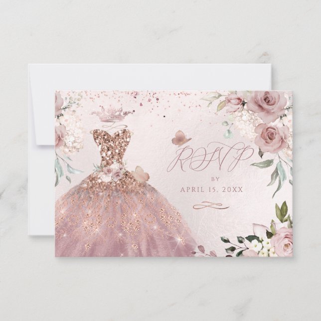 Convites PixDezines Quinceanera RSVP Dusty Rosa Gown (Frente)