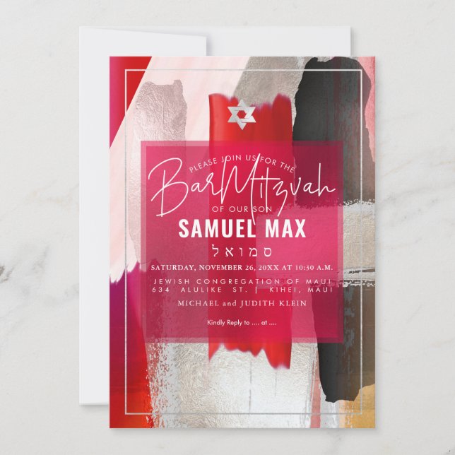 Convites PixDezines Red Black Watercolor Bar Mitzvah (Frente)