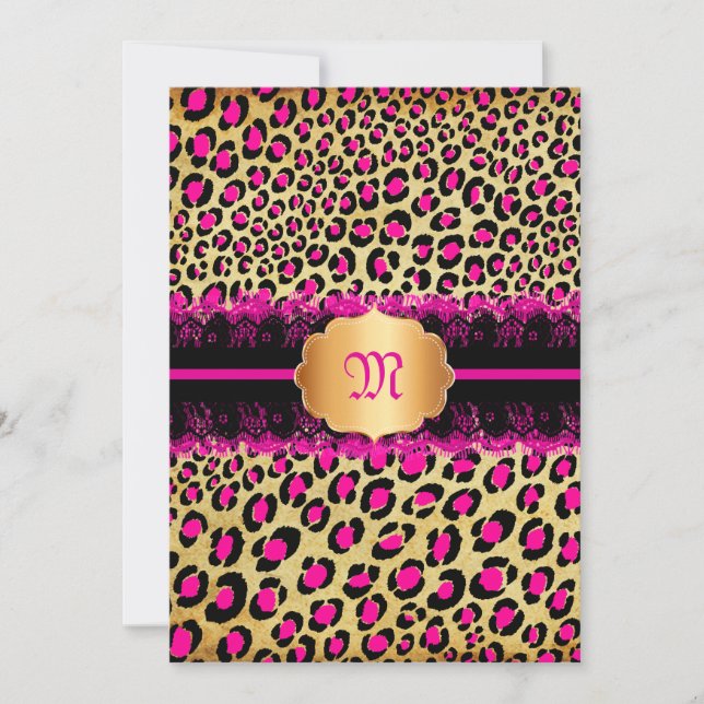 Convites PixDezines rendas+manchas de leopardo/rosa+preto (Frente)
