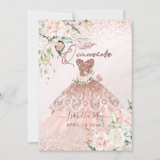 Convites PixDezines, Rosa de Quinceanera, Glitter Dourado