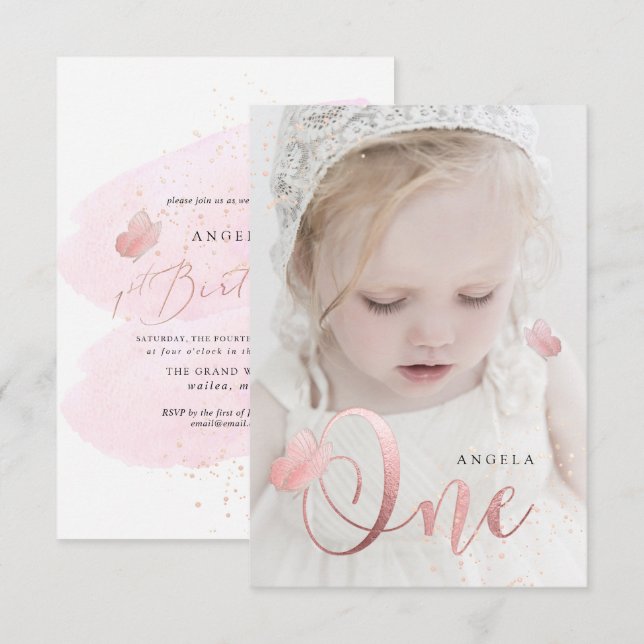 Convites PixDezines Rosa Dourado Borboletas Cor de Água (Frente/Verso)