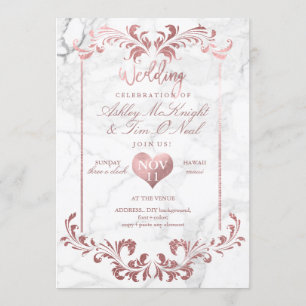 Convites PixDezines Rosa Dourado Chandelier/Heart/Marble