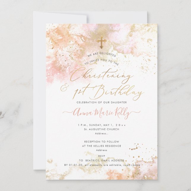 Convites PixDezines Rosa H2 Christening+primeiro aniversari (Frente)