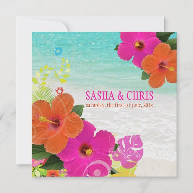 Convites PixDezines rosa quente+hibiscus laranja+monstera (Frente)