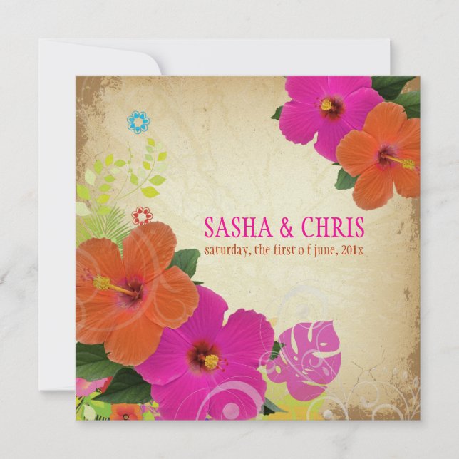 Convites PixDezines rosa quente+hibiscus laranja+monstera (Frente)