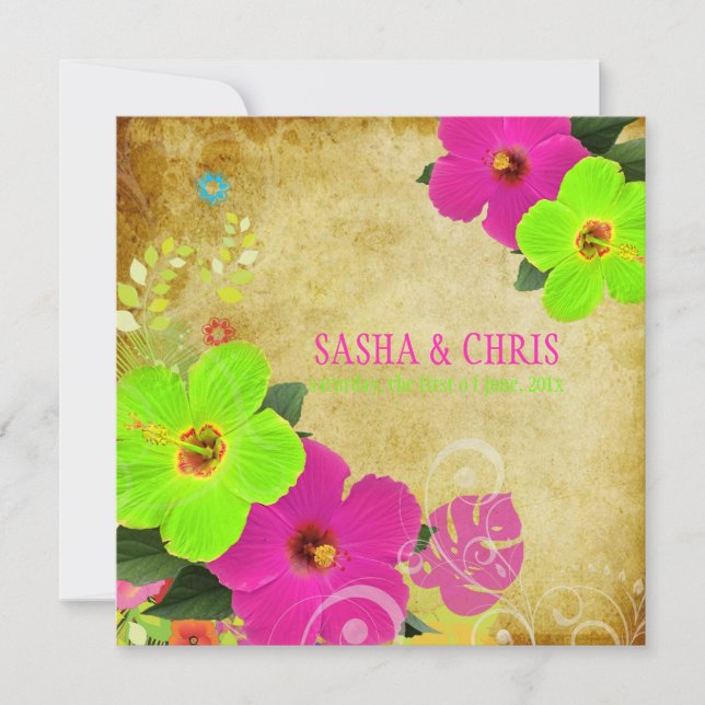 Convites PixDezines, rosa quente+néon, hibiscus+monstera (Frente)