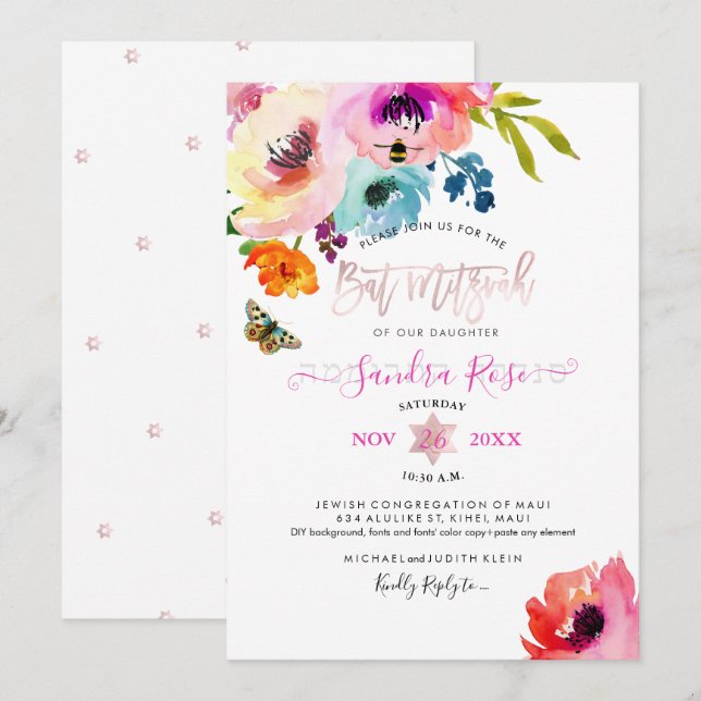 Convites PixDezines Rosas de Água Bat Mitzvah Aquarela (Frente/Verso)