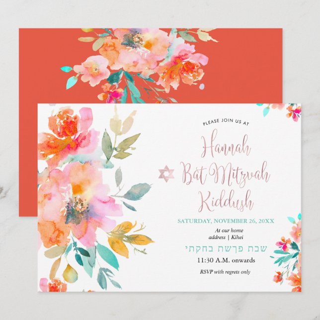 Convites PixDezines Rosas em Aquarela Mitzvah Kiddush (Frente/Verso)