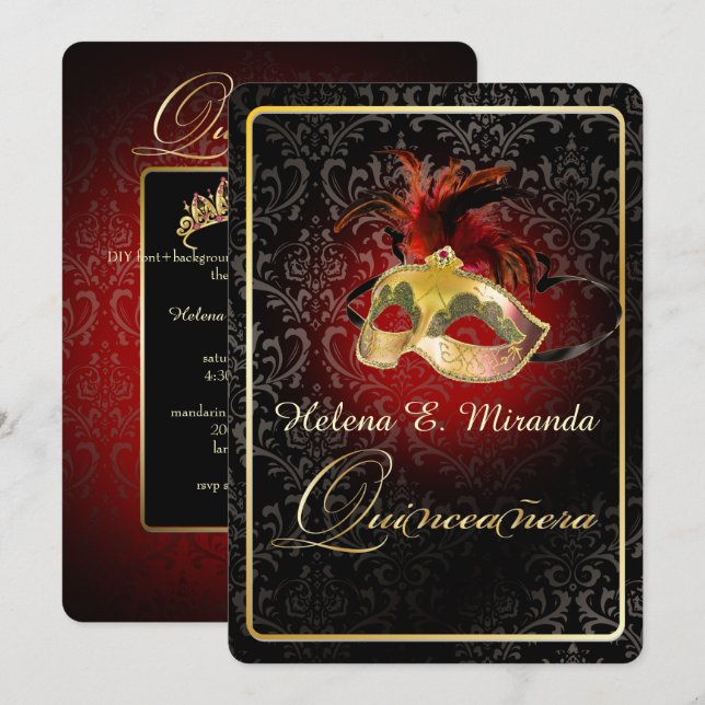 Convites PixDezines Rossi Damask/Mascarada/DIY/Ruby (Frente/Verso)