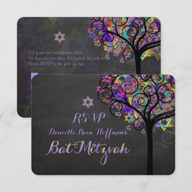 Convites PixDezines rsvp árvore da vida Bat Mitzvah (Frente/Verso)
