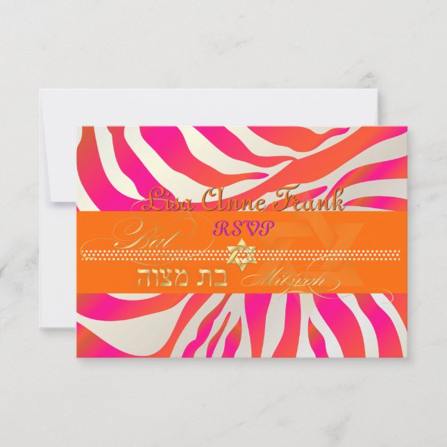 Convites PixDezines rsvp Rosa Quente+Laranja Zebra (Frente)