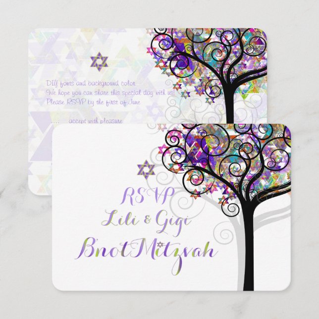 Convites PixDezines RSVP TREE OF LIFE Bnot MITZVAH/PURPLE (Frente/Verso)