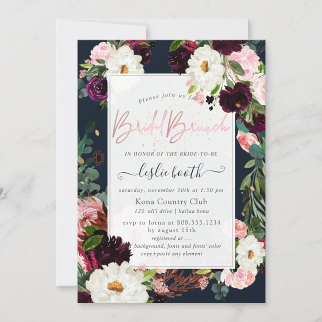 Convites PixDezines Rustic Bloom, Brunch de Noiva Azul Mari (Frente)