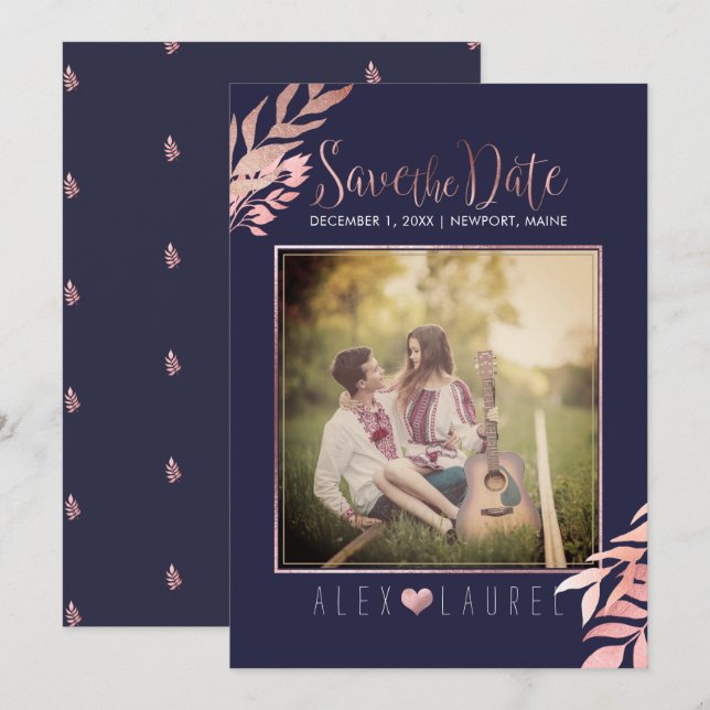 Convites PixDezines Salve a Data/Folhas em Tom Dourado Rose (Frente/Verso)