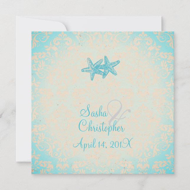 Convites PixDezines Starfish + Damask Invitations. (Frente)