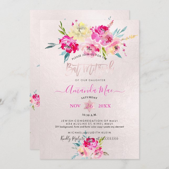 Convites PixDezines Summer Peonies Watercolor Bat Mitzvah (Frente/Verso)