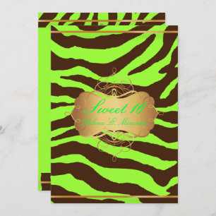 Convites PixDezines SWEET 16/BROWN ZEBRA/DIY NEON VERDE