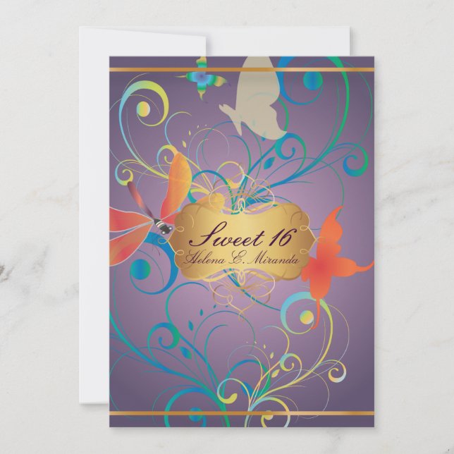 Convites PixDezines Sweet 16/Butterfiles/Swirls/Dragonflies (Frente)