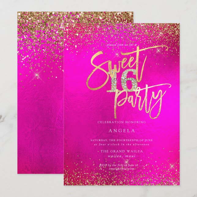 Convites PixDezines Sweet 16 Diamond Glitters Watercolor (Frente/Verso)