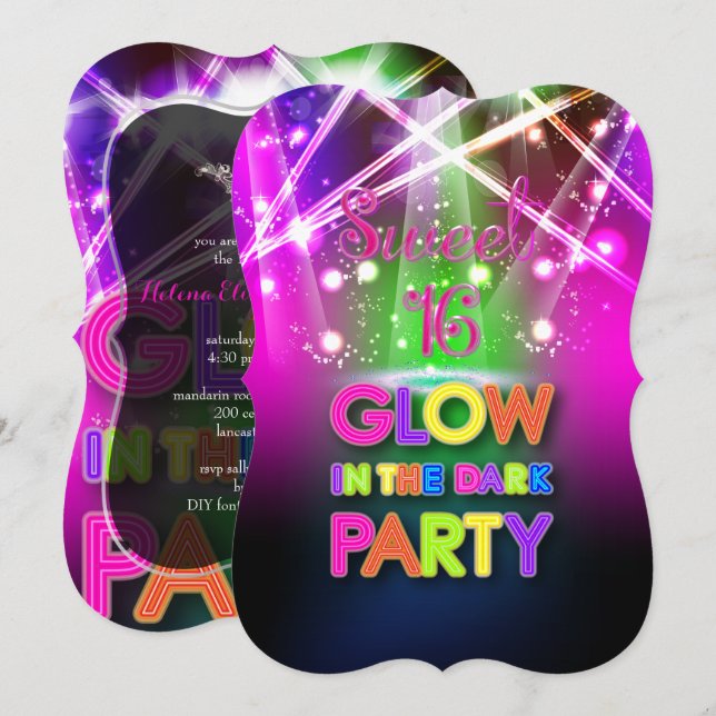 Convites PixDezines Sweet 16, Laser Lights/Glow Party (Frente/Verso)