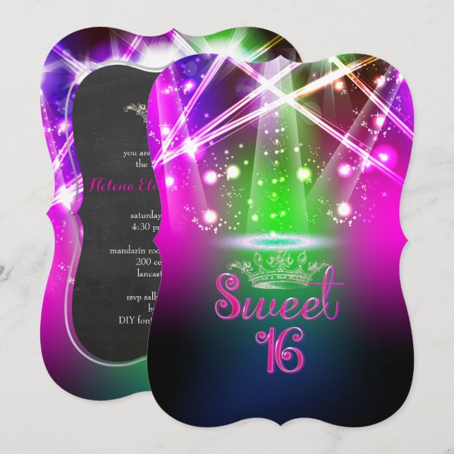 Convites PixDezines Sweet 16, Luzes Laser/Luzes Neon (Frente/Verso)