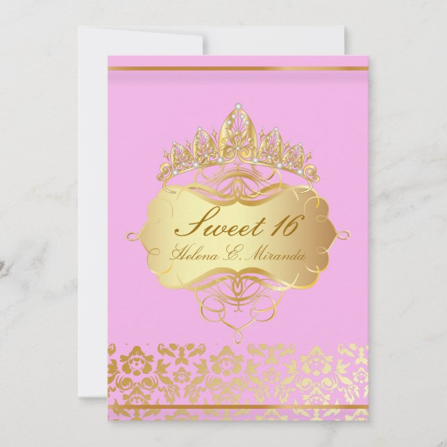 Convites PixDezines Sweet 16/ princesa/rosa+damask dourada (Frente)