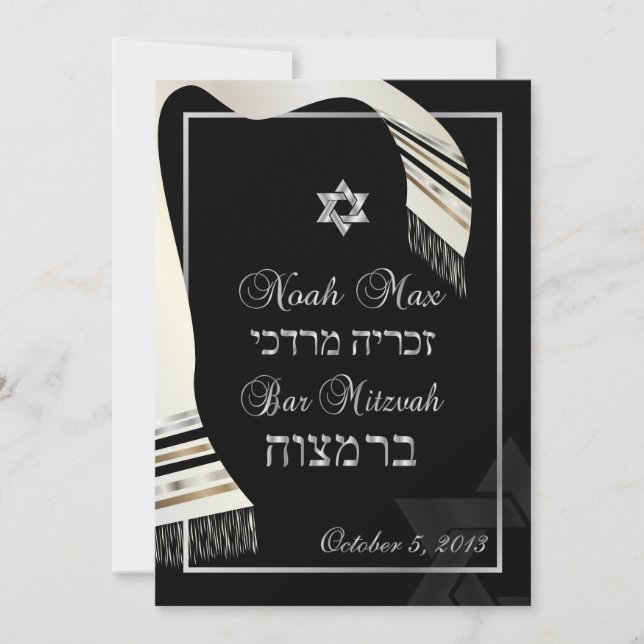 Convites PixDezines talit falso seda mitzvah preto+prata (Frente)