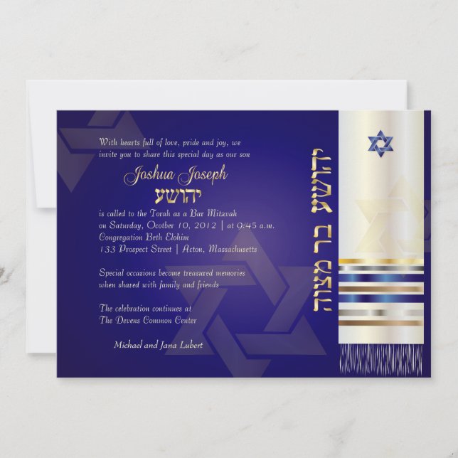 Convites PixDezines talit/Stylish Bar Mitzvah/azul/dourado (Frente)