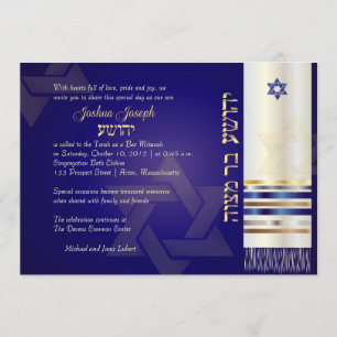Convites PixDezines talit/Stylish Bar Mitzvah/azul/dourado