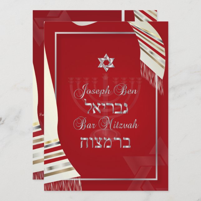 Convites PixDezines tallit bar mitzvah/vermelho/prata (Frente/Verso)