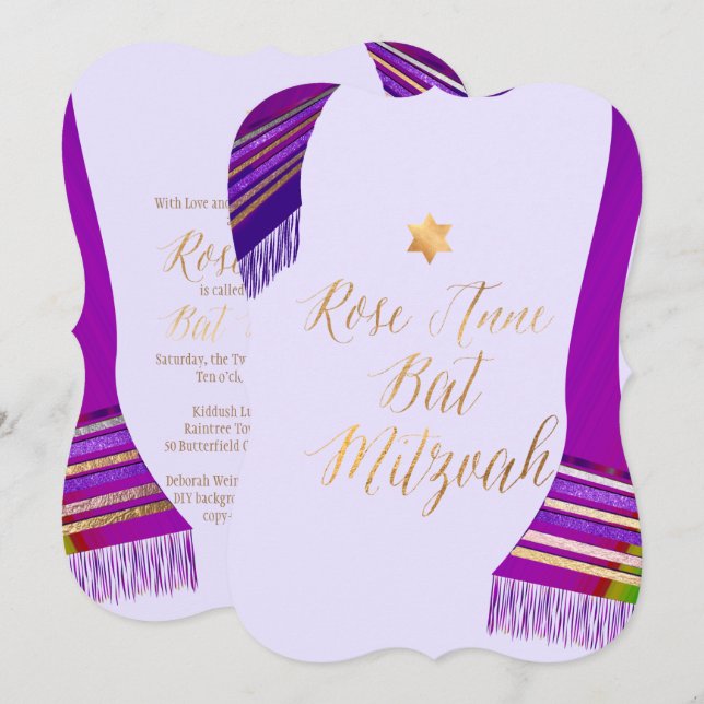 Convites PixDezines Tallit/Magenta/Roxo/Bat Mitzvah (Frente/Verso)