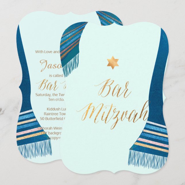 Convites PixDezines Tallit/Mint/Teal/Bar Mitzvah (Frente/Verso)