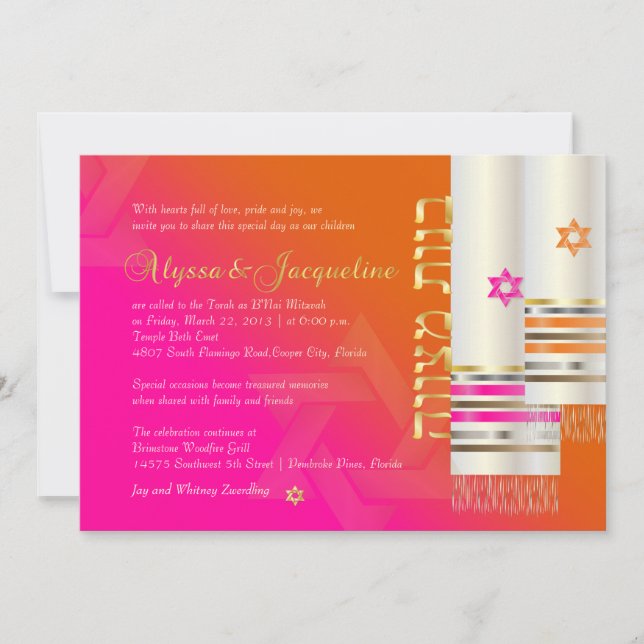 Convites PixDezines Tallits B'not mitzvah laranja/rosa (Frente)