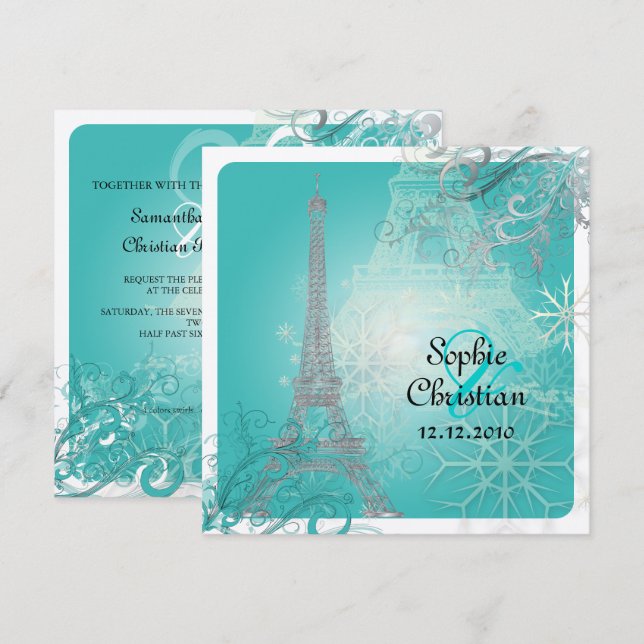 Convites PixDezines Torre Eiffel Falsa Prata/Teal (Frente/Verso)
